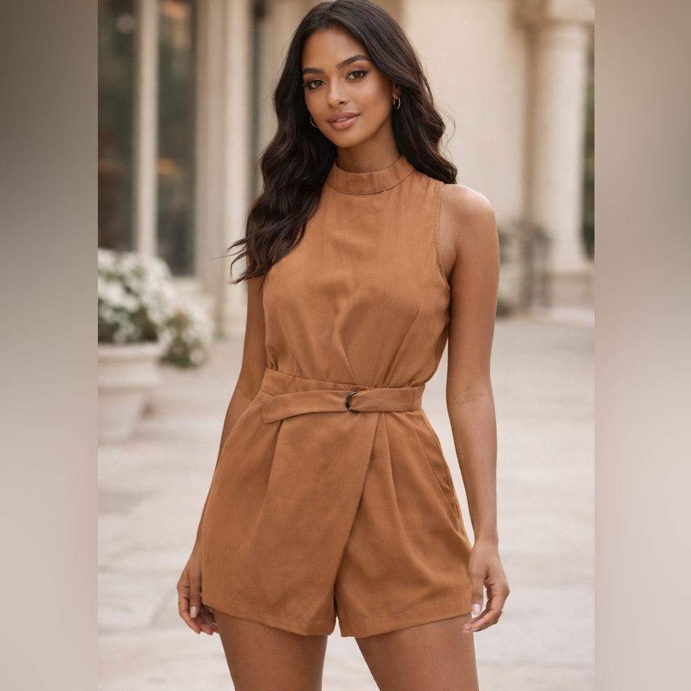 Tan Sleeveless Romper With Pockets